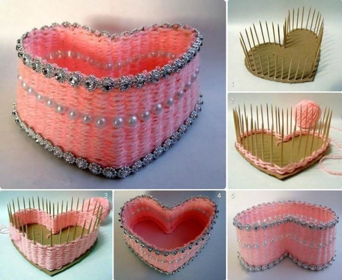 DIY Pretty Yarn Woven Heart Shaped Basket